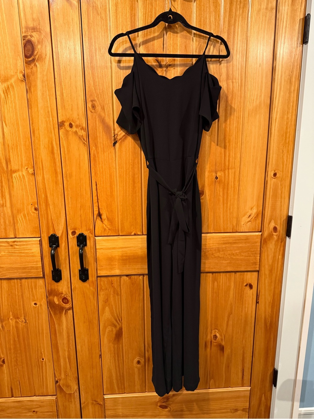Monteau Black Cold-Shoulder Jumpsuit with Waist Tie